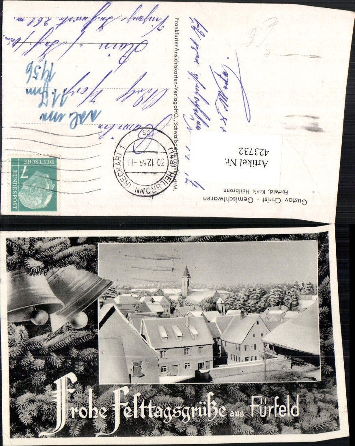 423732,Fürfeld Teilansicht Passepartout Tannenzweige Glocken