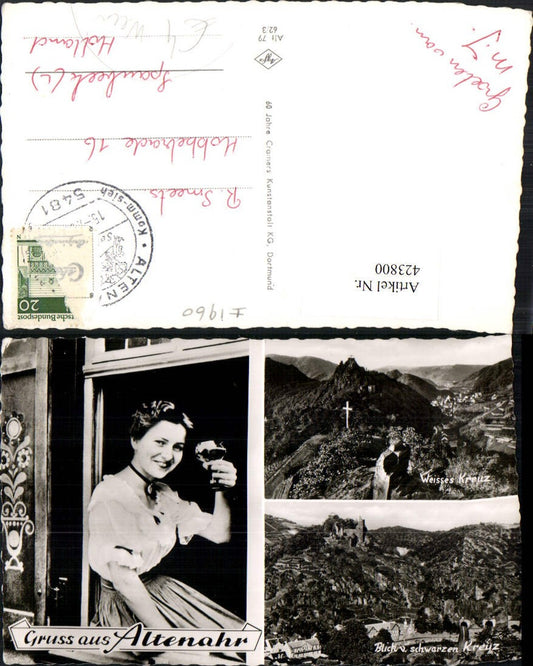 423800,Altenahr Totale Weißes Kreuz Ruine Frau m. Weinglas Wein Mehrbildkarte