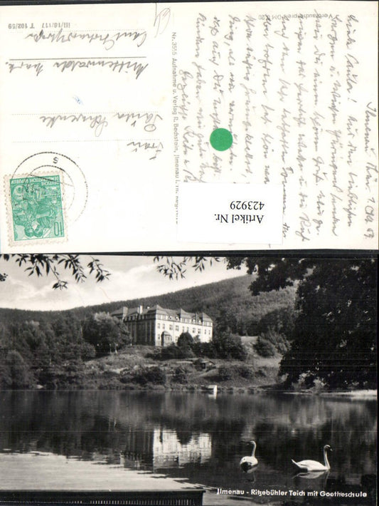 423929, Ilmenau Ritzebühler Teich m. Goetheschule Gebäude Schwäne