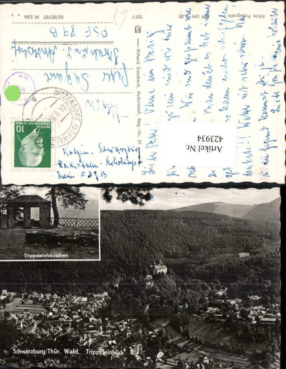 423934, Schwarzburg Total view from Trippstein Trippstein cottage Multi-view postcard