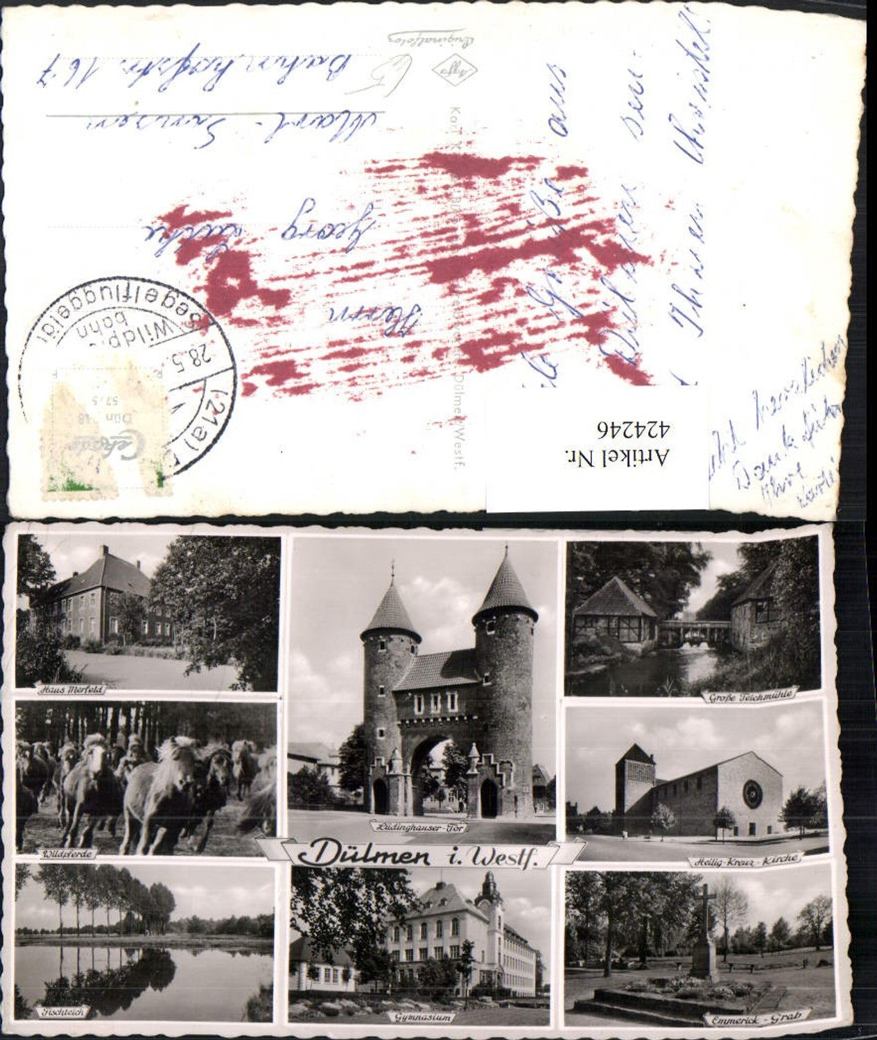 424246,Dülmen Gymnasium Kirche Wildpferde Teichmühle Mühle Mehrbildkarte