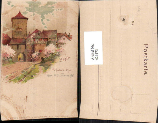 424473, Artist Lithograph Fritz Reiss Schwäbisch Hall Partial View Gate
