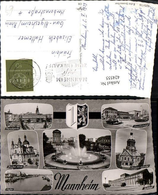 424555, Mannheim Water Tower Castle Harbor Church Train Station Multi-view postcard
