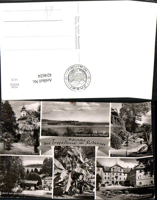 424624, Mainau Island in Lake Constance, overall view of the castle, church, and banana plant, multi-view postcard