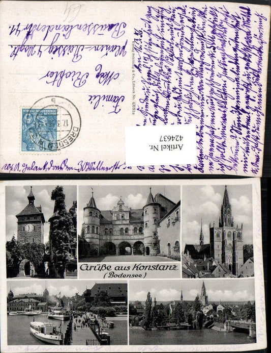 424637, Konstanz on Lake Constance, partial view of church, tower, gate, harbor, multi-view map