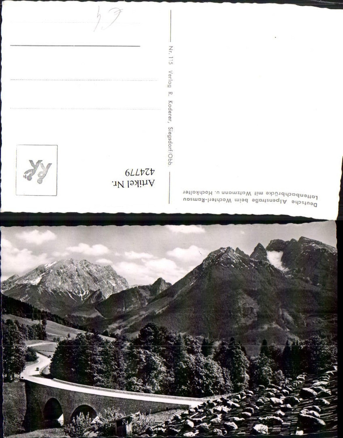 424779, Alpine road near Wachterl Ramsau Lattenbach bridge with Watzmann mountain backdrop