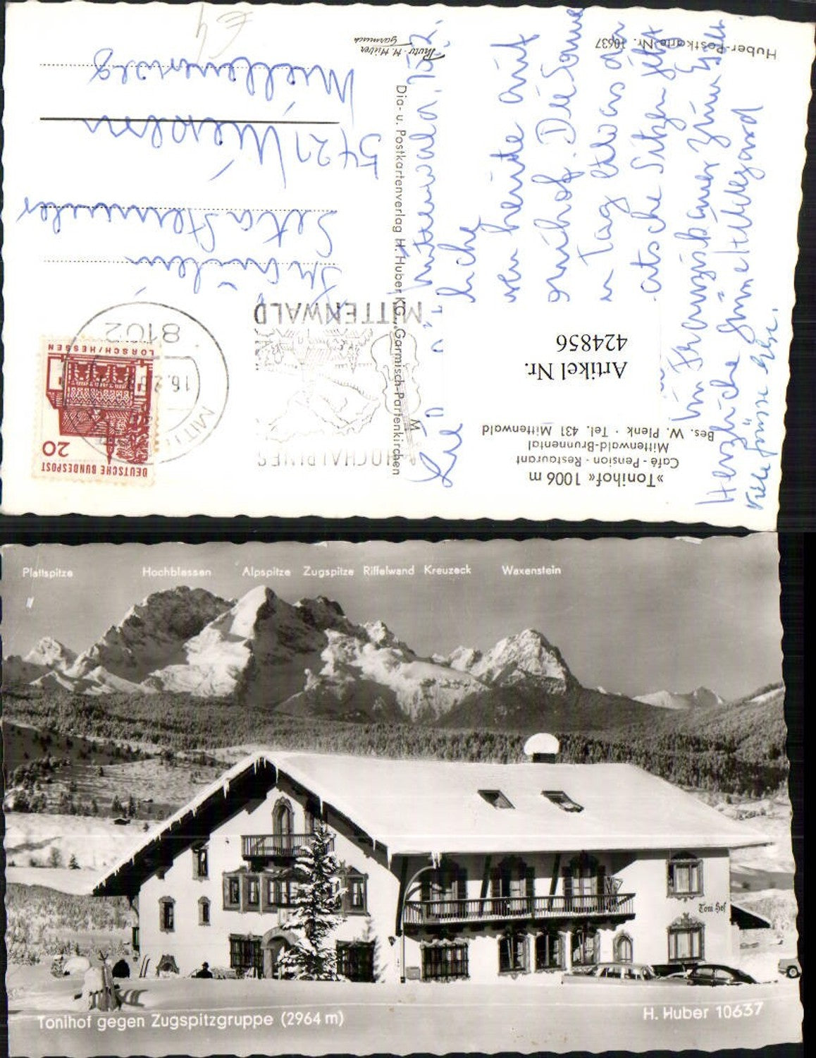 424856,Mittenwald Brunnental Tonihof Pension geg. Zugspitze Bergkulisse Winterbild