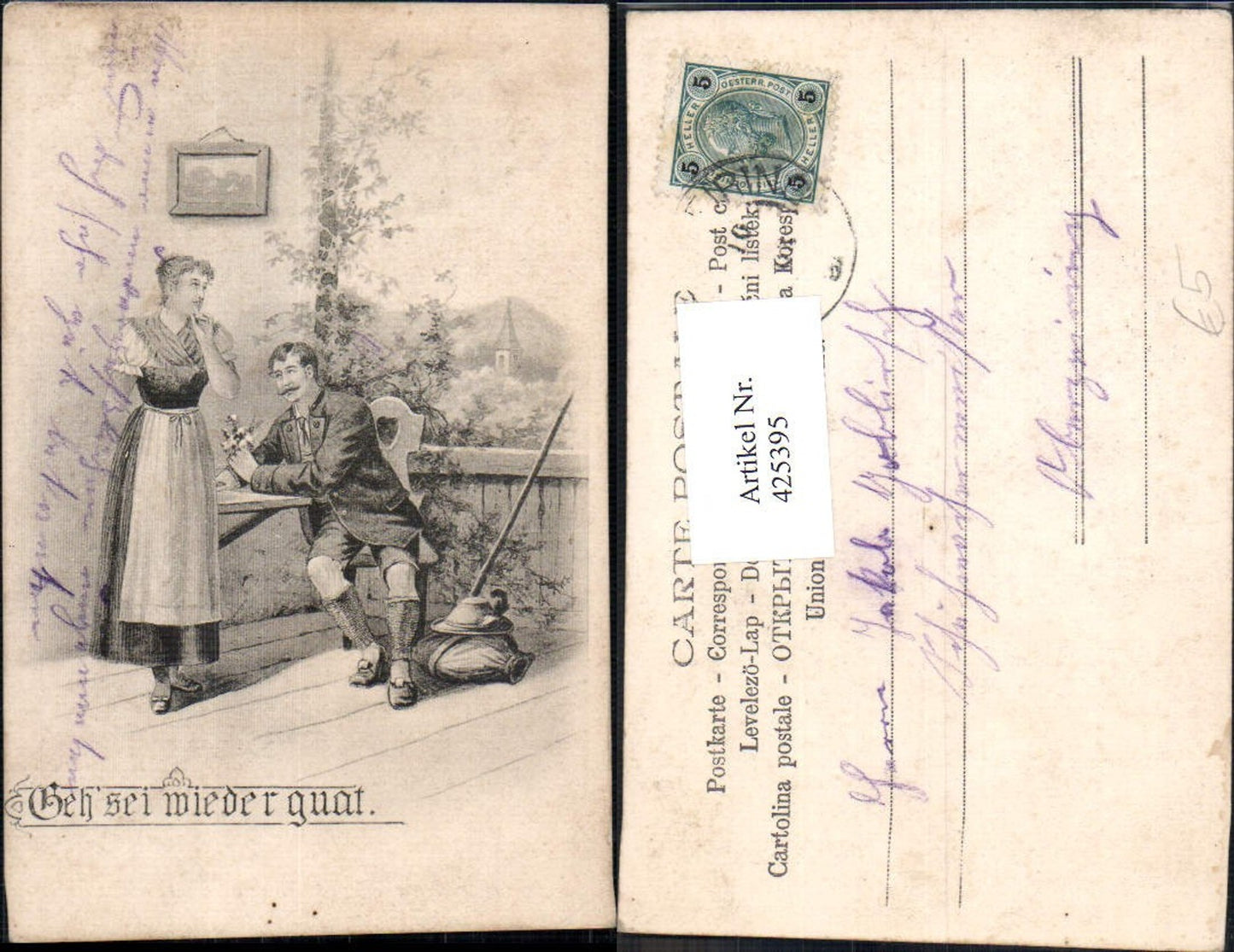 425395,Künstler Ak Paar Tracht Blumenstrauß Geh sei wider guat Liebe
