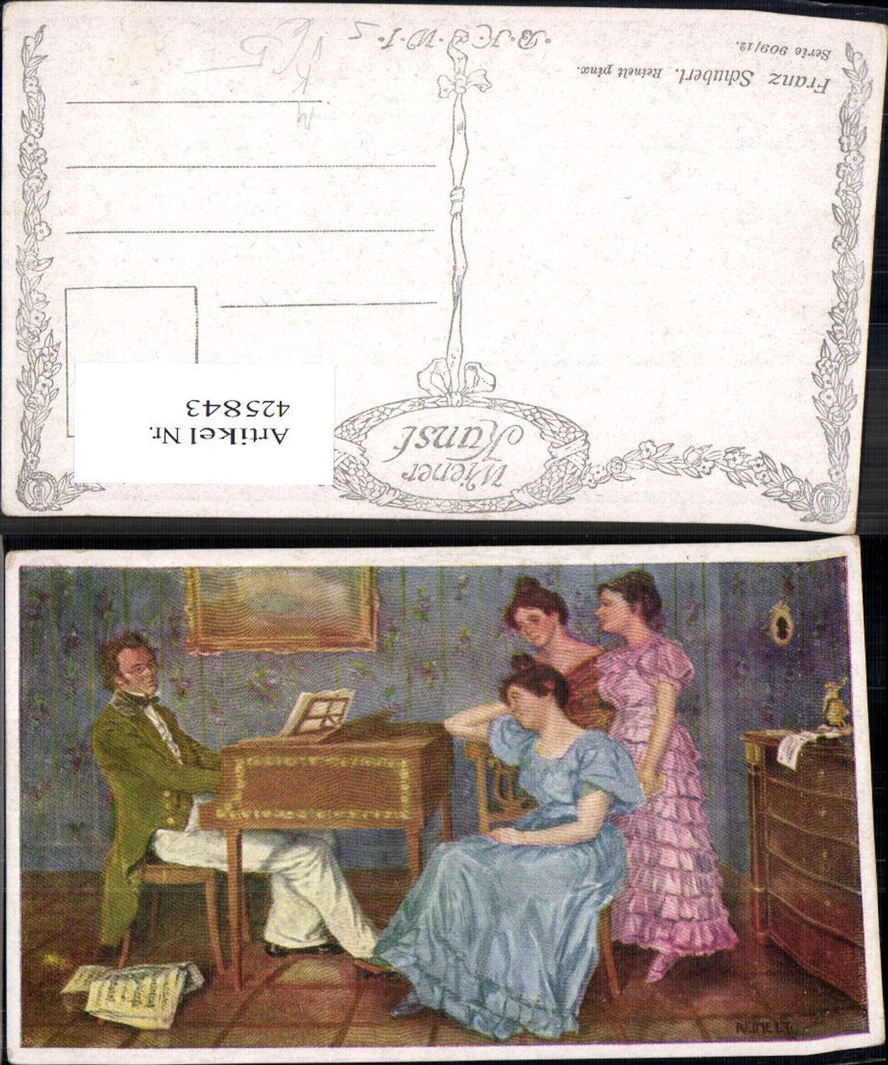 425843,Künstler Ak Reinelt Franz Schubert am Piano Frauen hören zu Komponist pub B.K.W.I. 909/12