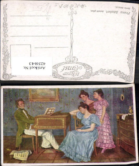425843,Künstler Ak Reinelt Franz Schubert am Piano Frauen hören zu Komponist pub B.K.W.I. 909/12