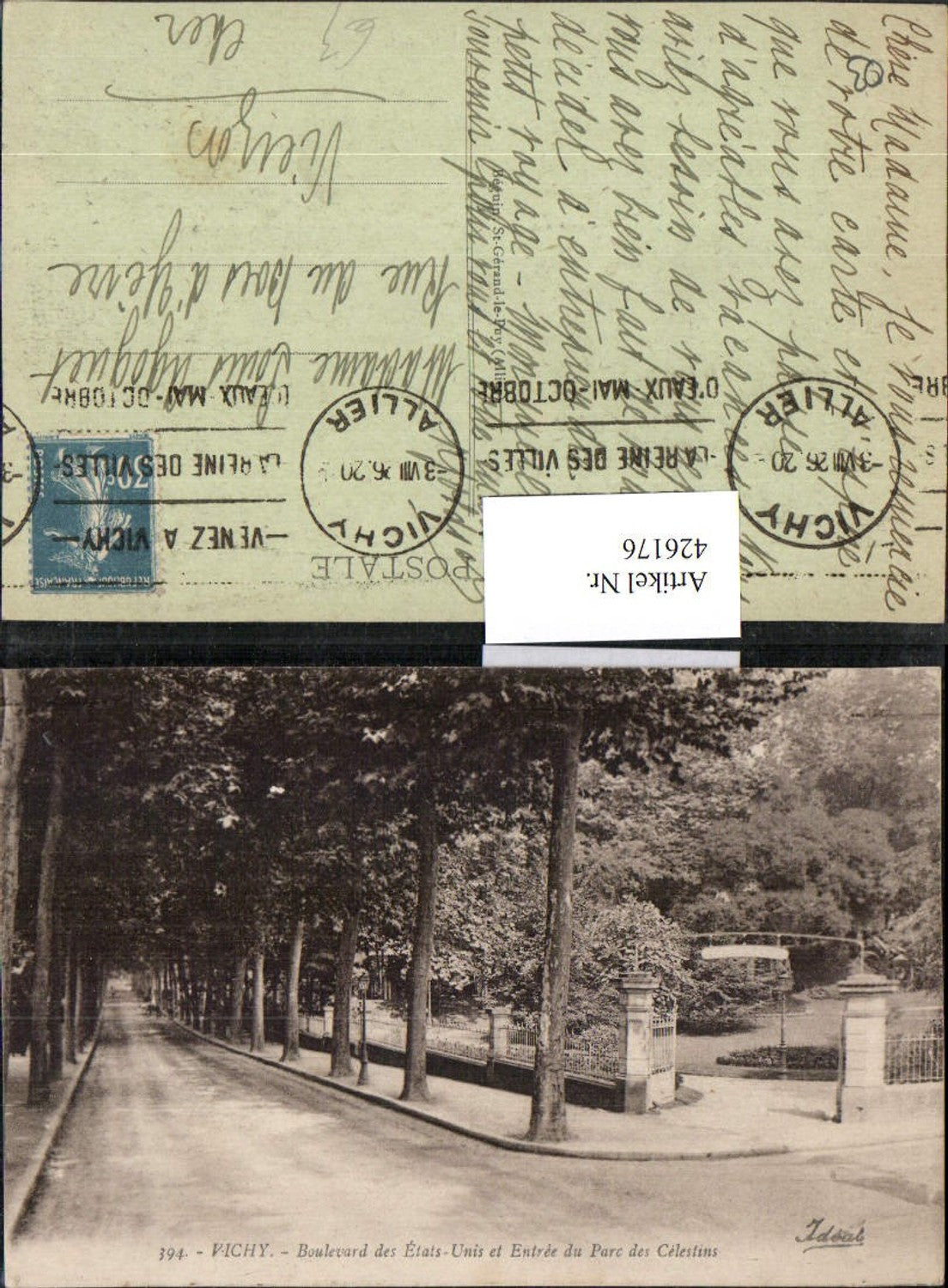426176,Auvergne Allier Vichy Boulevard des Etats Unis et Entree du Parc des Celestins Allee