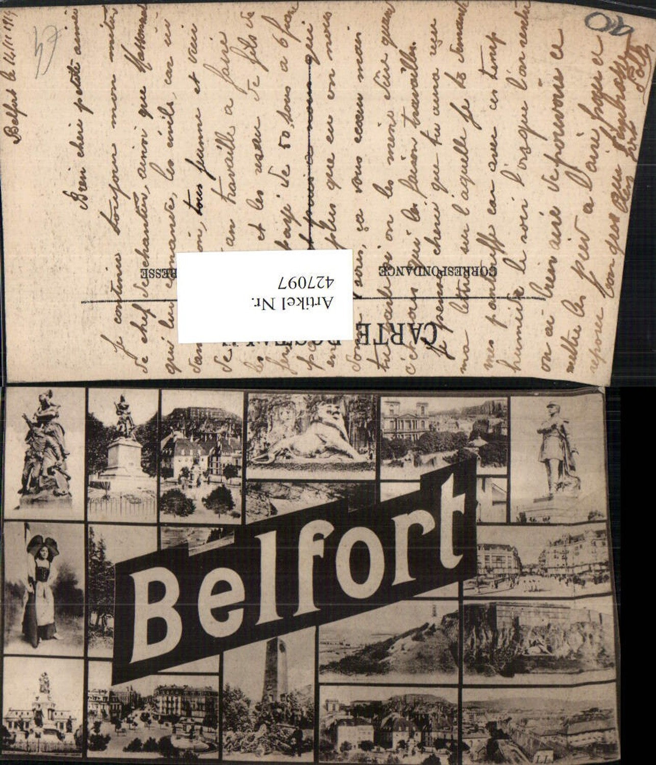 427097,Franche-Comte Territoire-de-Belfort Belfort Collage Schloss Kirche Turm Tracht Denkmal