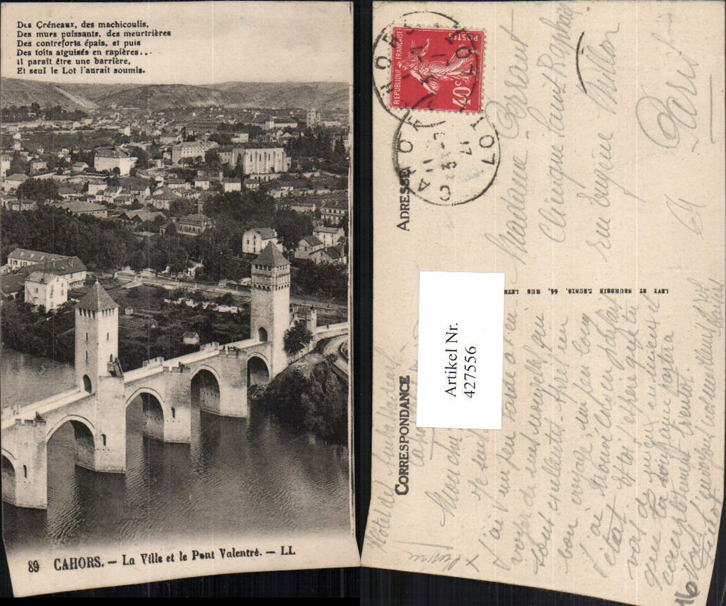 427556,Midi-Pyrenees Lot Cahors La Ville et le Pont Valentre Teilansicht Brücke
