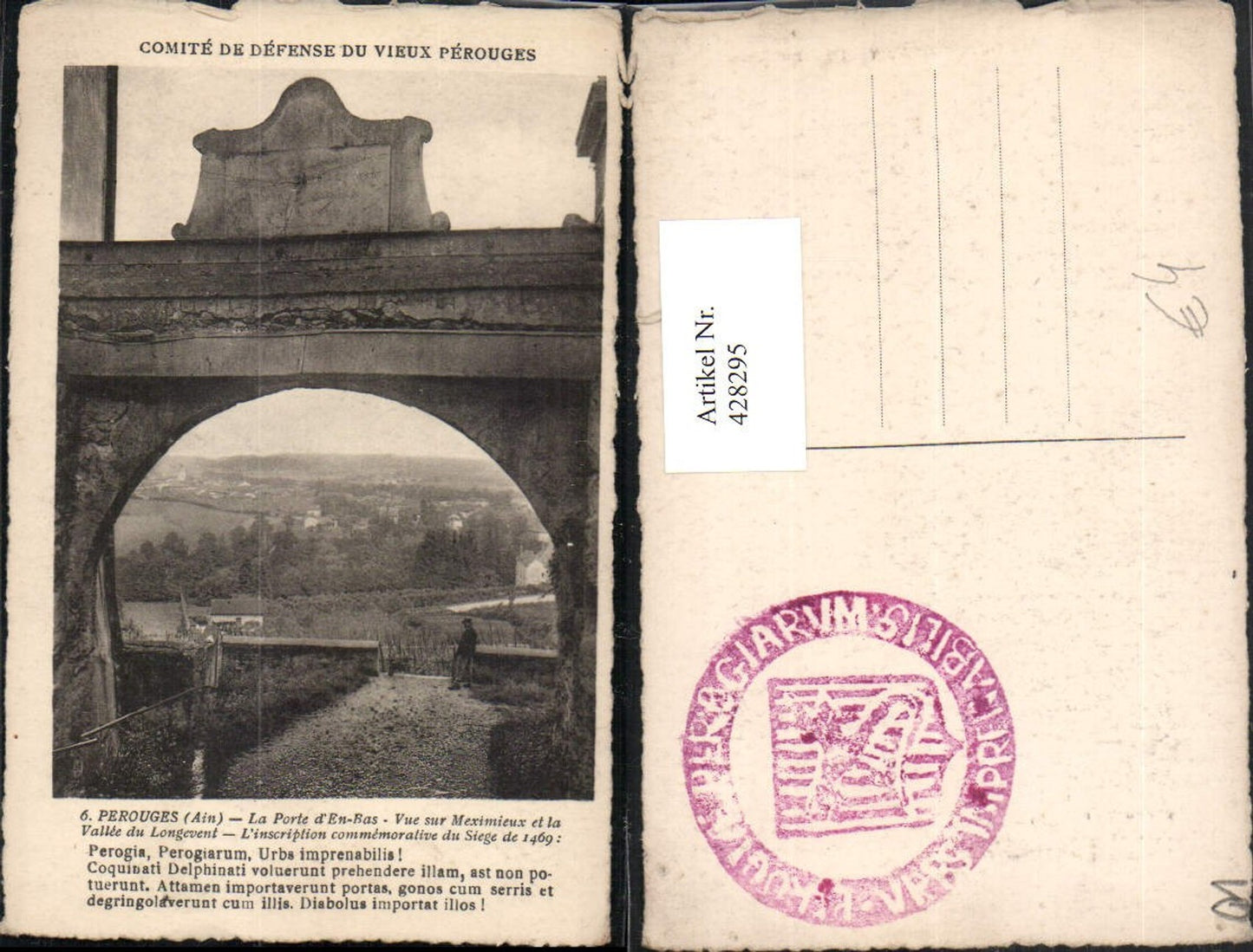 428295,Rhone-Alpes Ain Perouges Porte d'En-Bas Vue sur Meximieux et la Vallee Longevent Tor