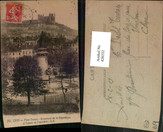 428332,Rhone-Alpes Rhone Lyon Place Carnot Monument de la Republique et Coteau de Fourviere