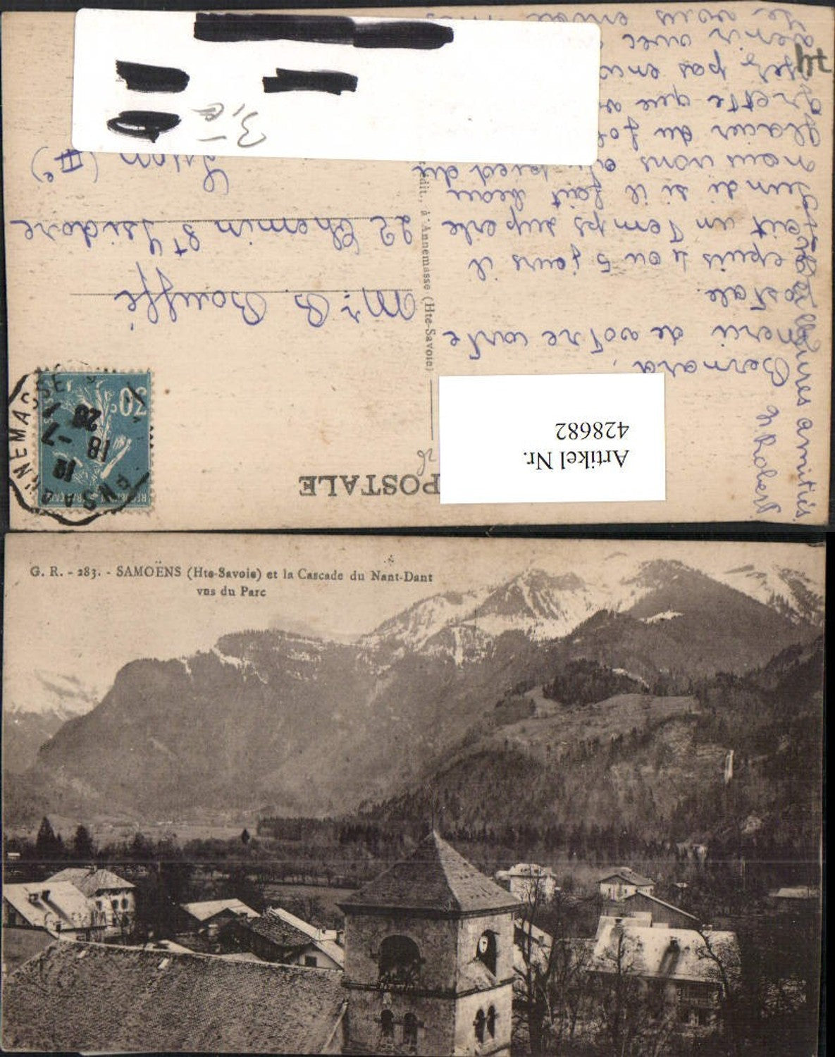 428682,Rhone-Alpes Haute-Savoie Samoens et la Cascade du Nant-Dant vus du Parc Bergkulisse