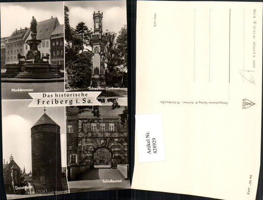 428929,Freiberg Marktbrunnen Schweden-Denkmal Donatsturm Turm Mehrbildkarte