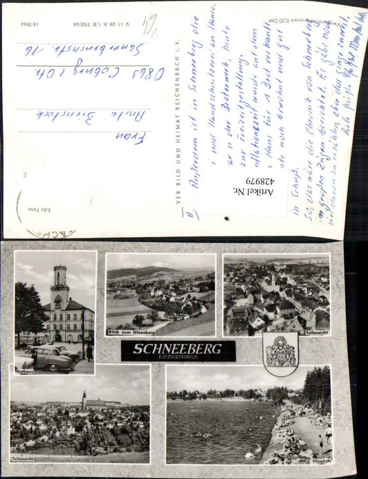 428979,Schneeberg im Erzgebirge Totale Rathaus Teich Mehrbildkarte pub VEB