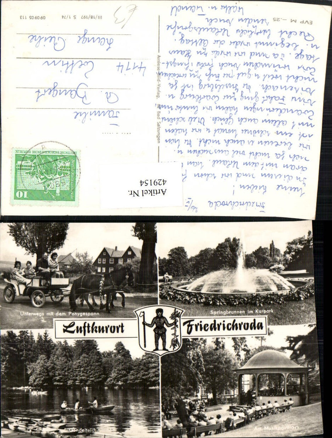 429154,Friedrichroda Ponygespann Kutsche Teich Musikpavillon Brunnen Mehrbildkarte