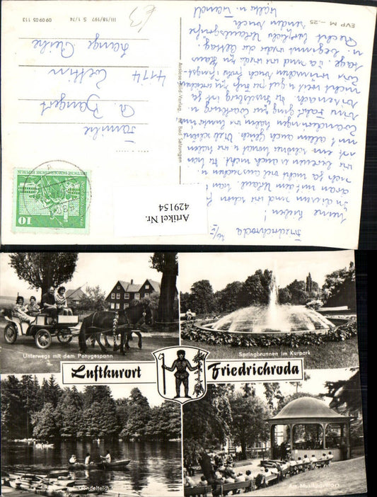 429154,Friedrichroda Ponygespann Kutsche Teich Musikpavillon Brunnen Mehrbildkarte