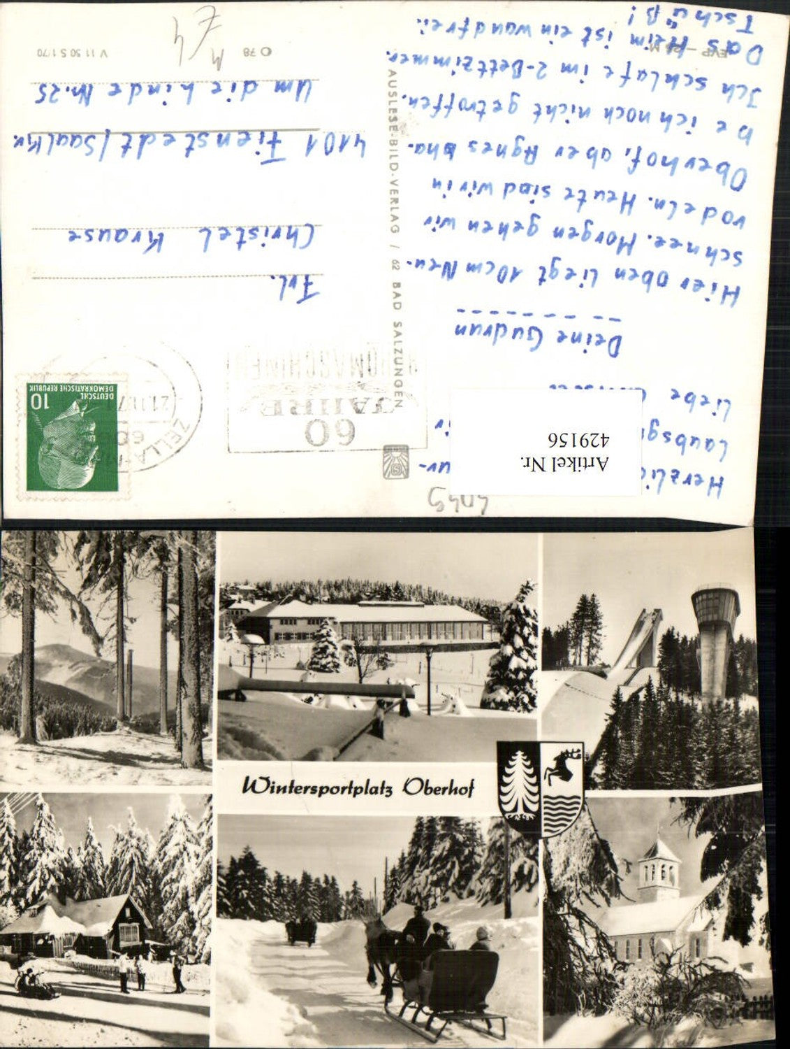 429156, Oberhof in Thuringia, ski jump, horse-drawn sleigh, church, winter scenes, multi-image postcard