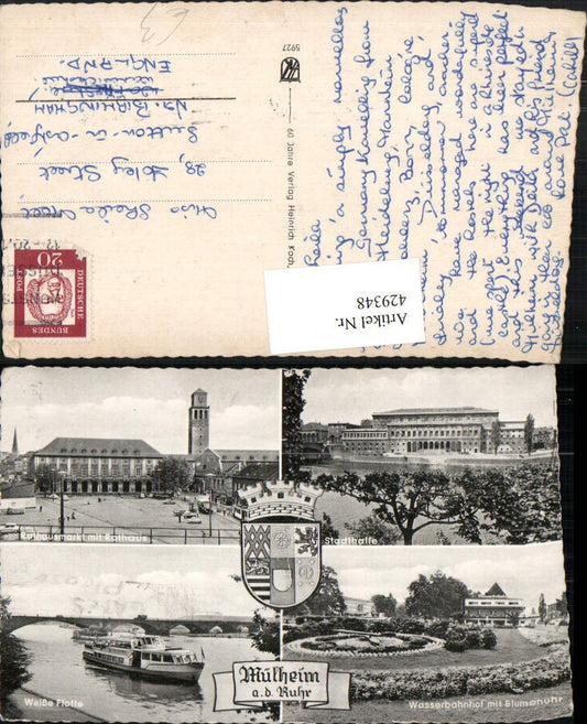 429348,Mülheim an d. Ruhr Blumenuhr Rathaus Stadthalle Weiße Flotte Mehrbildkarte