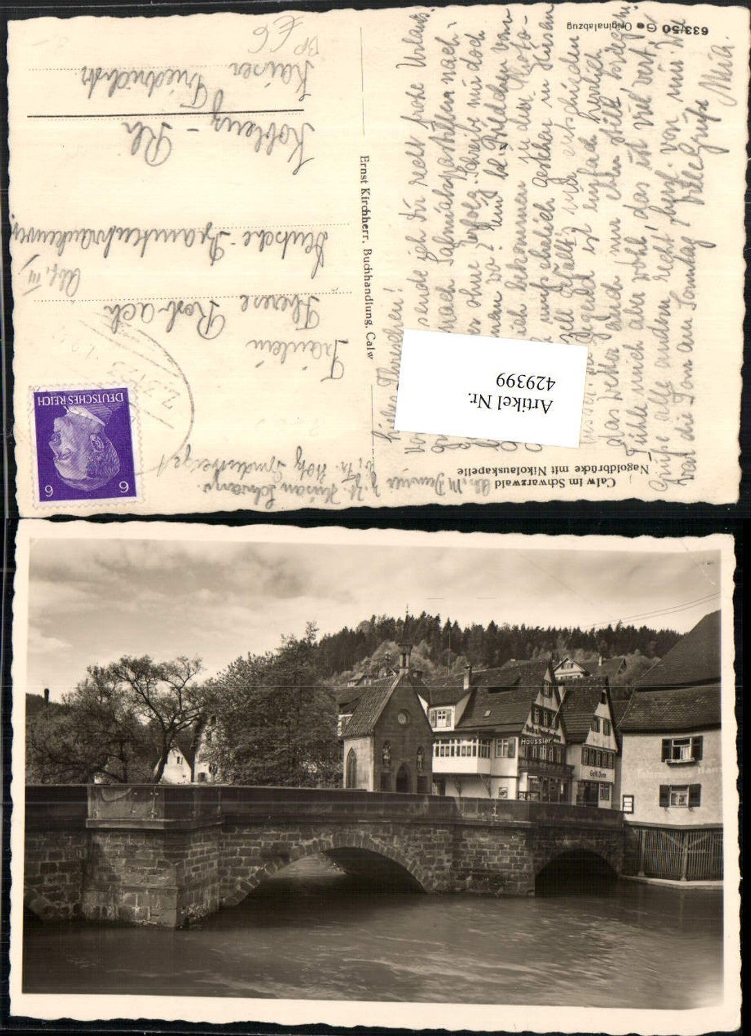 429399,Calw im Schwarzwald Nagoldbrücke m. Nikolauskapelle Bahnpost Zug 3123