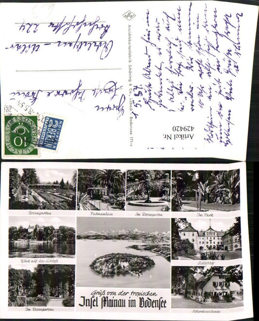 429420, Mainau Island in Lake Constance, overall view of the rose garden, park, and castle, multi-view postcard