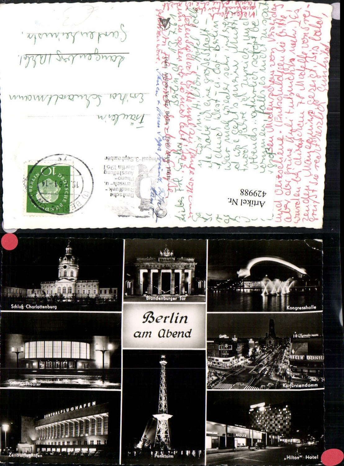 429988,Berlin b. Nacht Brandenburger Tor Kurfürstendamm Theater Funkturm Mehrbildkarte