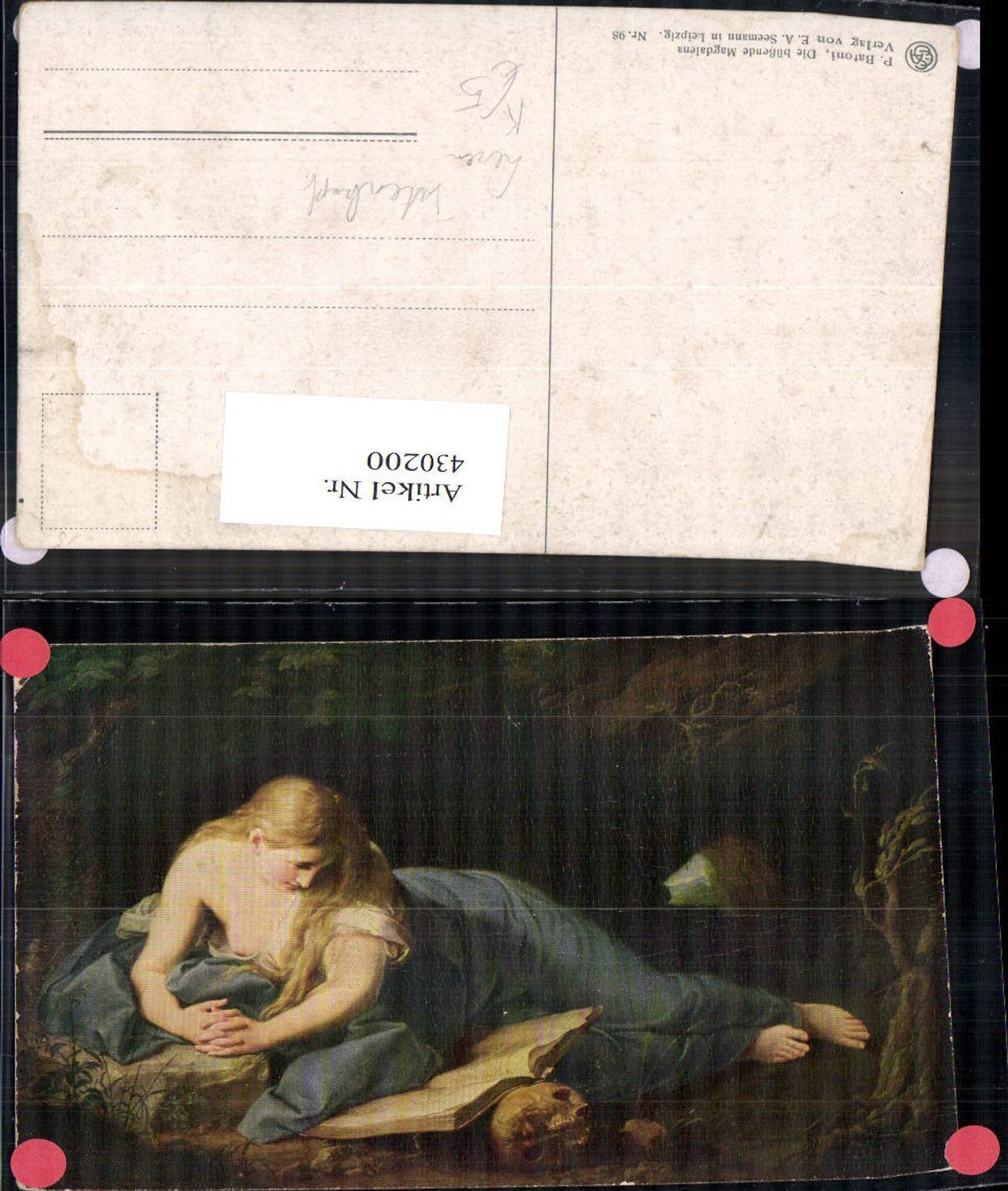 430200,Künstler Ak P. Batoni Die büßende Magdalena Totenkopf Lesen pub E. A. Seemann 98