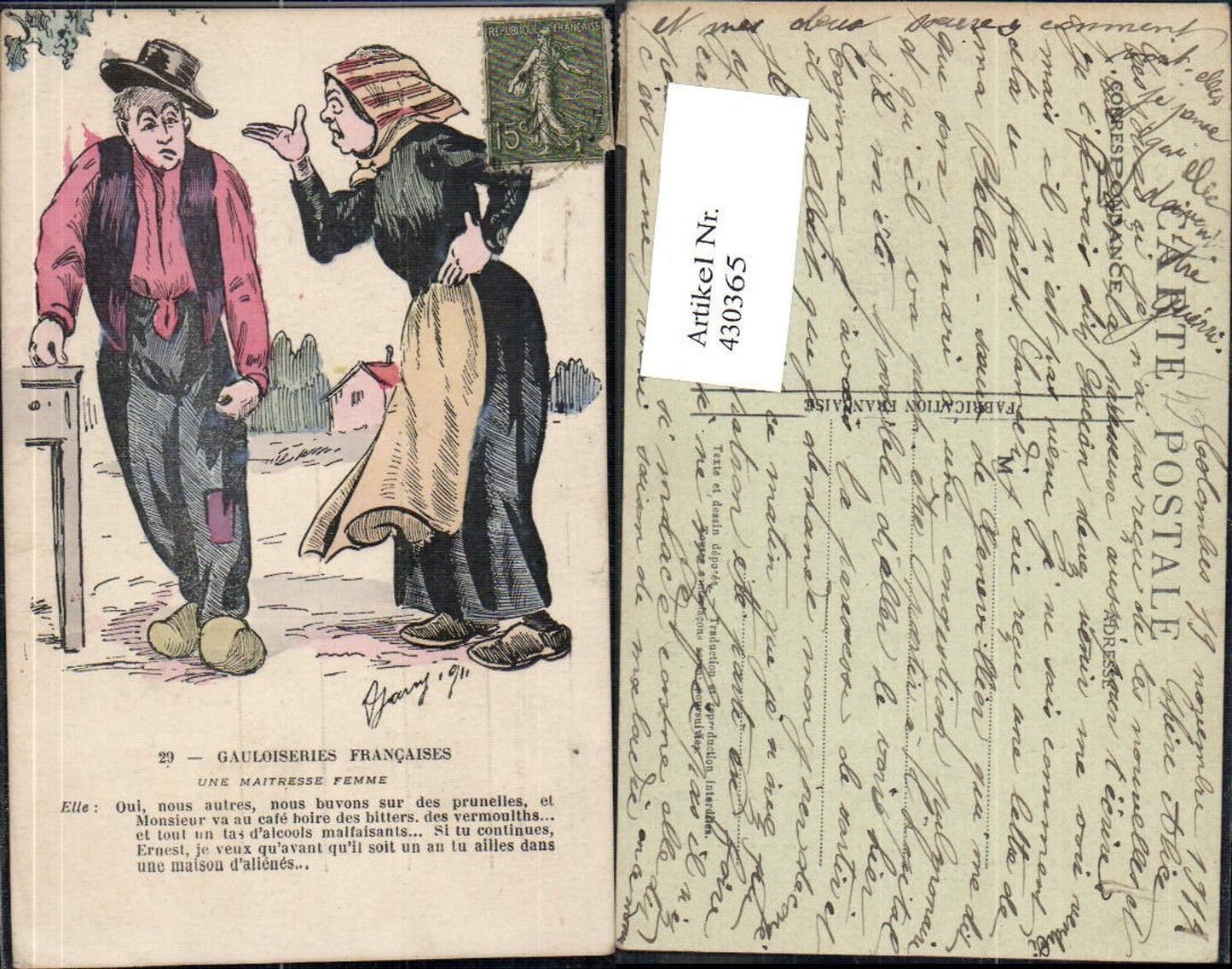 430365, Gauloiseries Françaises Wife with Drunken Husband Text Drinker Humor Alcohol