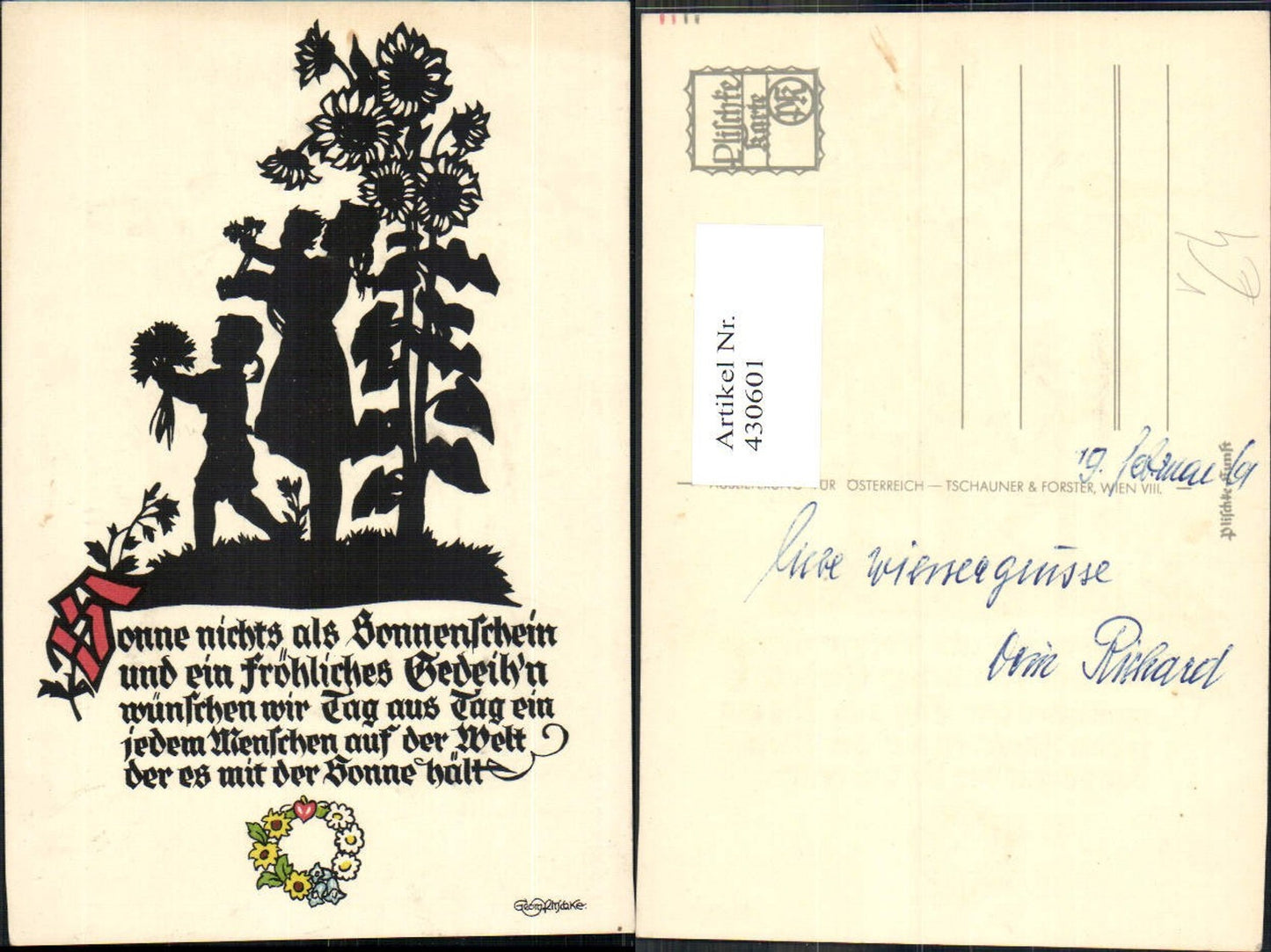 430601,Künstler Ak Scherenschnitt Silhouette Georg Ritschke Mutter Kinder Blumen Sonnenblume Spruch