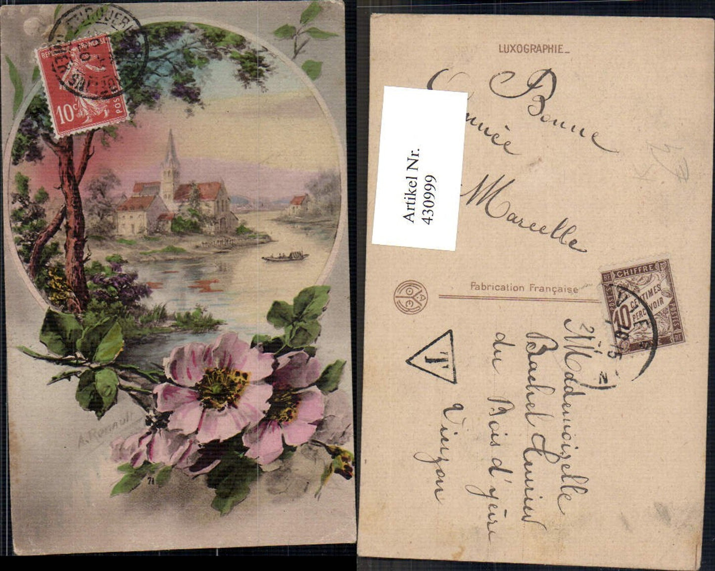 430999,Künstler Ak A. Renault Kirche Fluss Boot Blumen Passepartout