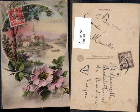 430999,Künstler Ak A. Renault Kirche Fluss Boot Blumen Passepartout