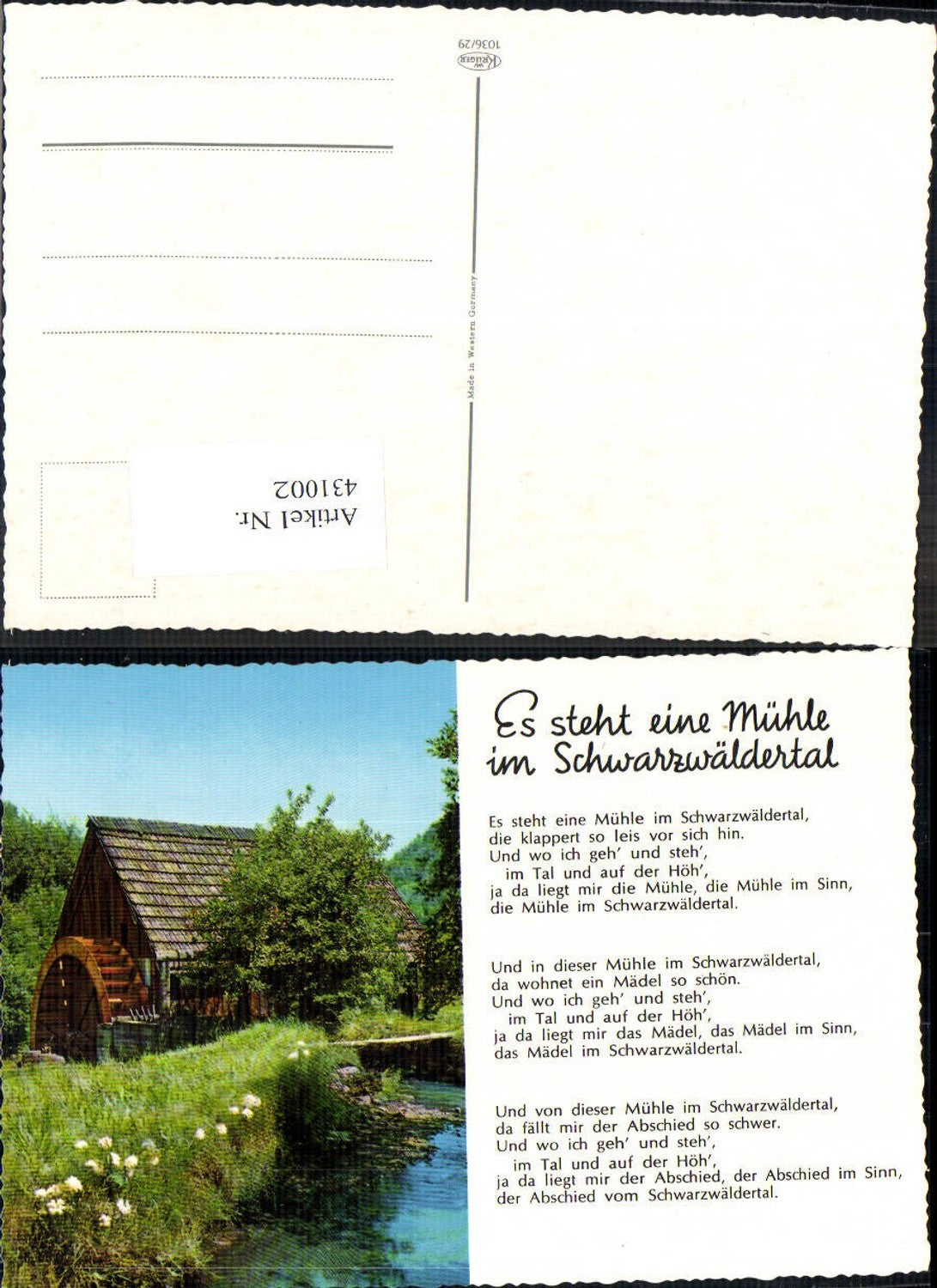 431002,Wassermühle Liedkarte Es steht eine Mühle im Schwarzwäldertal Text