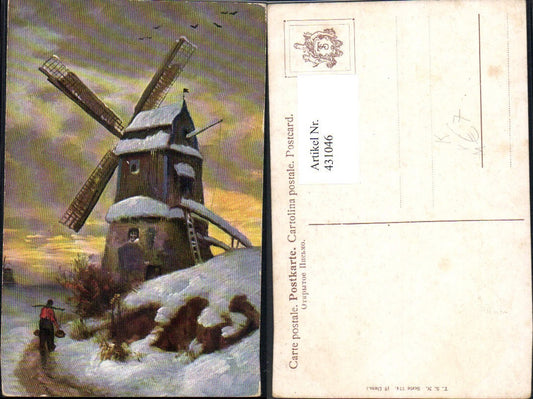 431046,Künstler Ak Wasserträger Tragejoch Windmühle Winterlandschaft pub Theo Stroefer 774