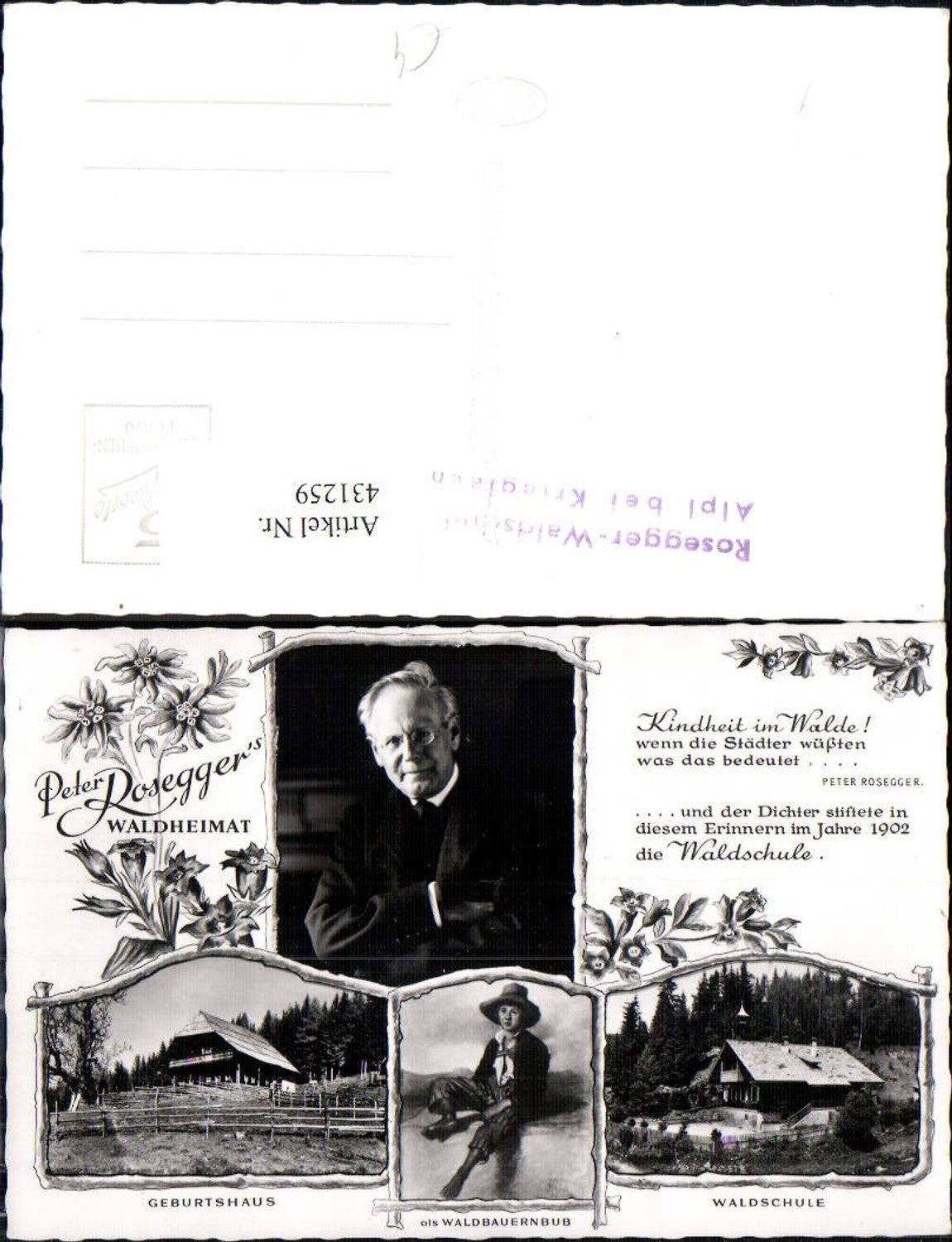 431259,Mehribld Ak Peter Rosegger Waldheimat Alpl Krieglach Dichter Kunst Wissenschaft