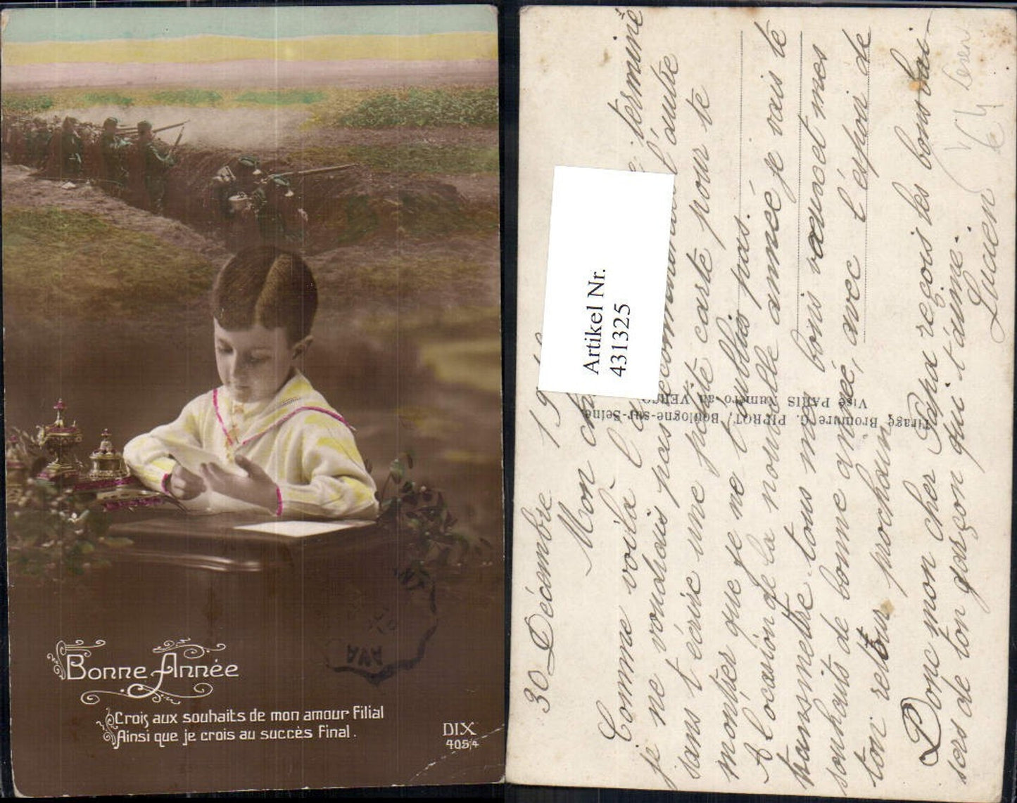 431325,Fotomontage Bub Lesen Brief Soldaten Krieg Schützengraben Bonne Annee pub DIX 405/4