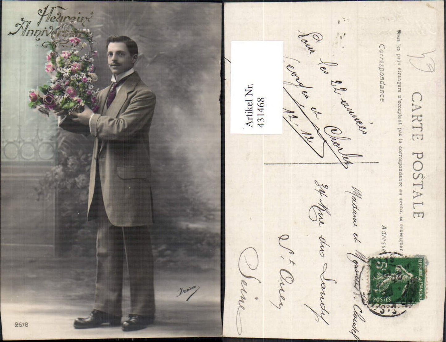 431468,Mann in Anzug Korb m. Blumen Rosen Heureux Anniversaire