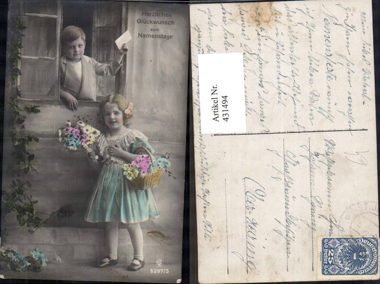 431494,Kinder Bub m. Brief Mädchen m. Blumenkorb Namenstag