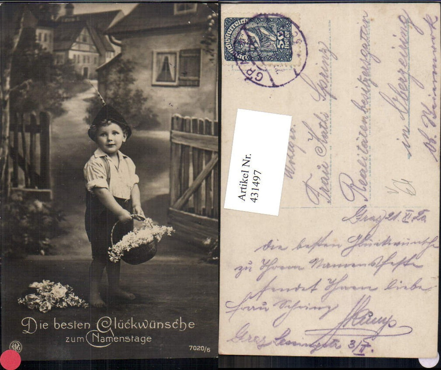 431497,Kind Bub Junge Tracht Hut Korb m. Blumen Namenstag pub NPG 7020/6
