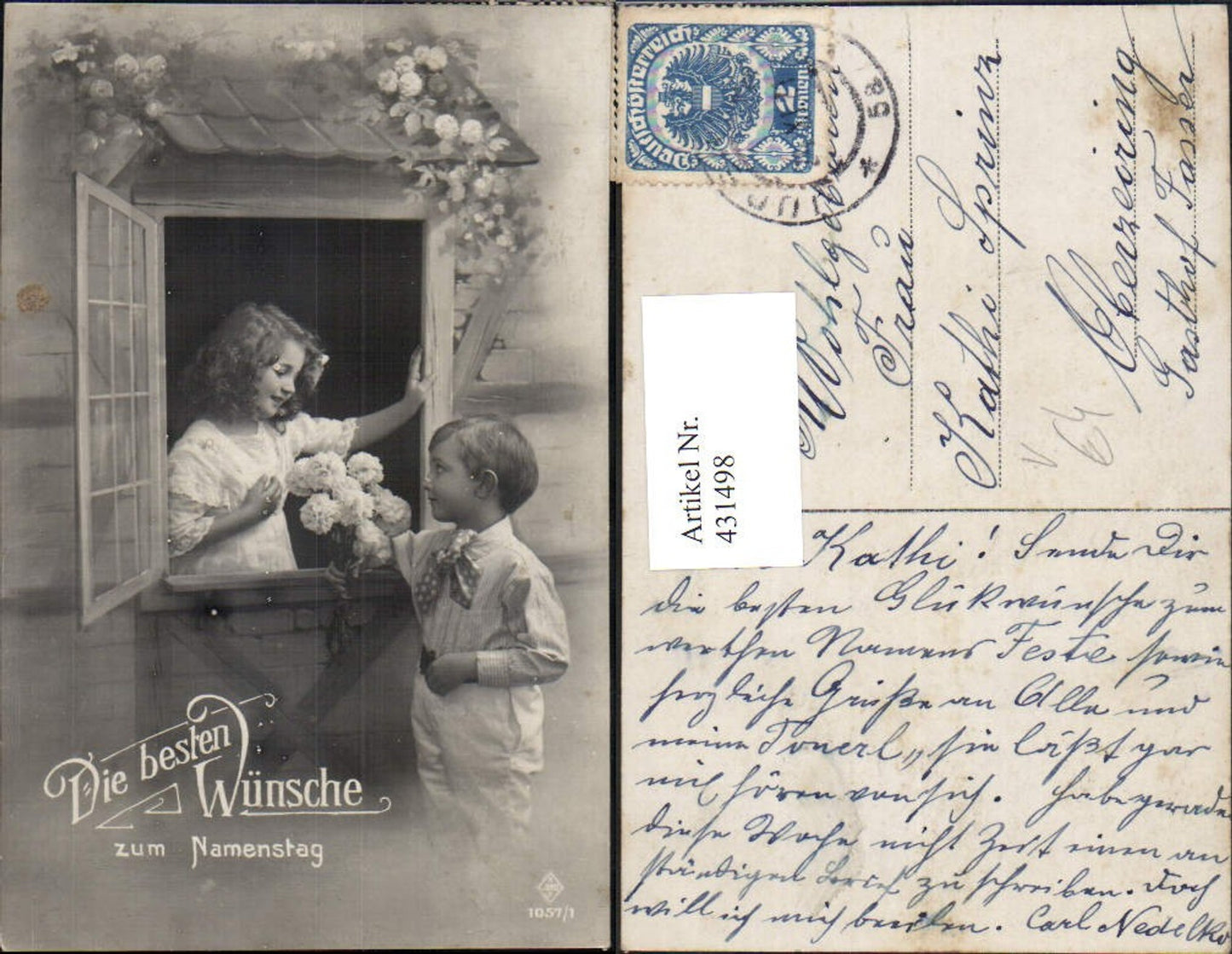 431498,Kinder b. Fenster Blumen Blumenstrauß Namenstag pub K. Juno B 1057/1
