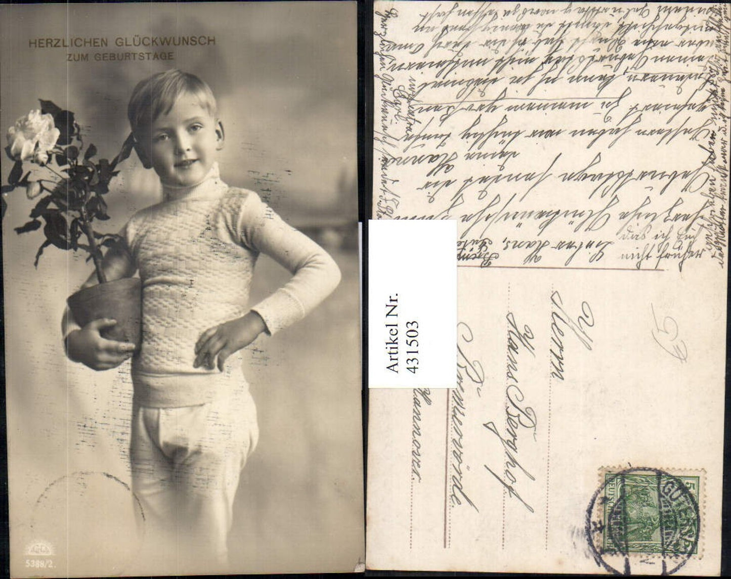 431503,Foto Ak Kind Bub Junge m. Rosentopf Blume Geburtstag