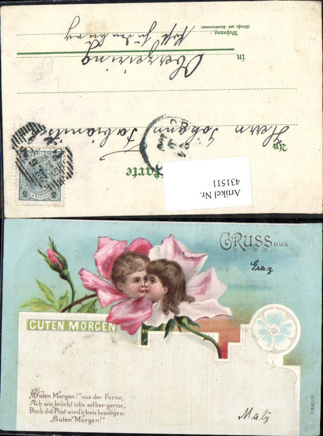 431511,Litho Kinder Kinderköpfe i. Blumen Blüten Guten Morgen Spruch