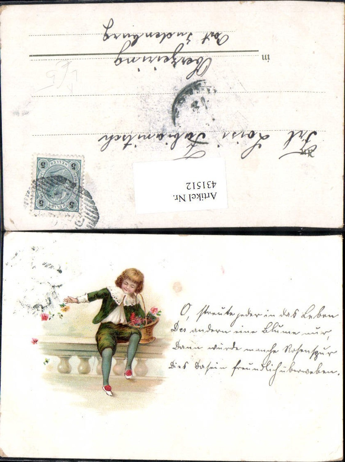 431512,Künstler Litho Kind Bub Junge Korb m. Blumen