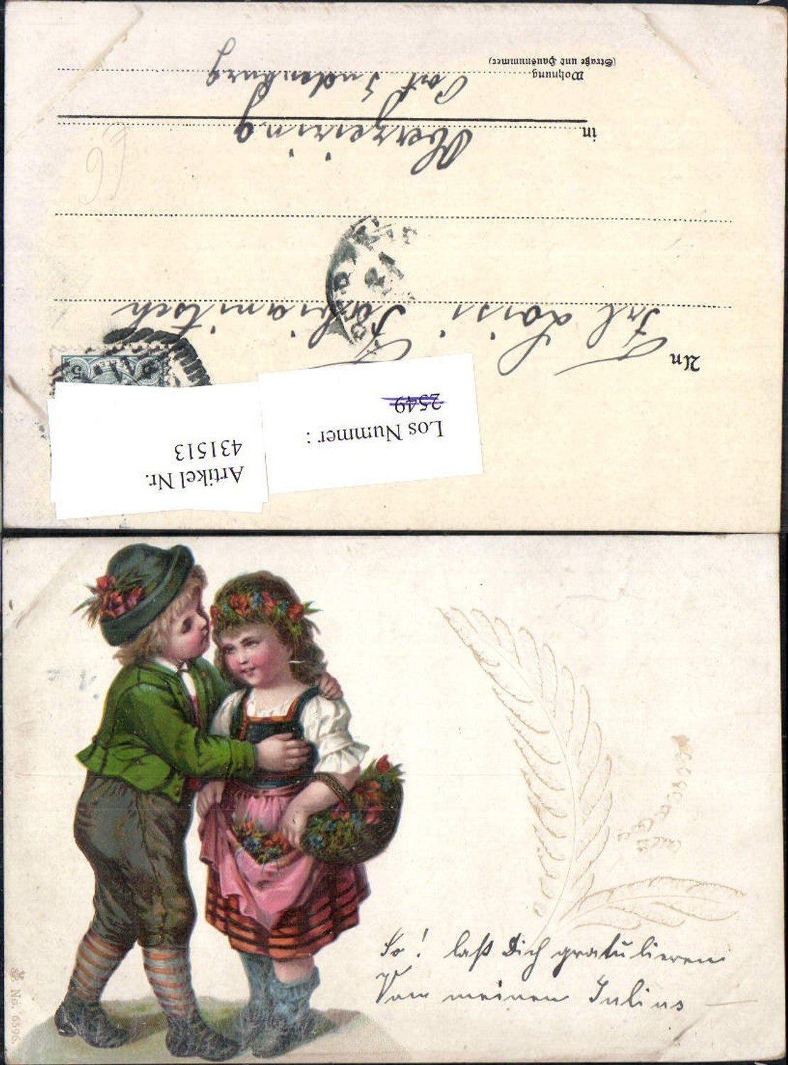 431513,Kinder Tracht Blumenkranz i. Haar Hut Korb Blumen Blatt Schnitzerei