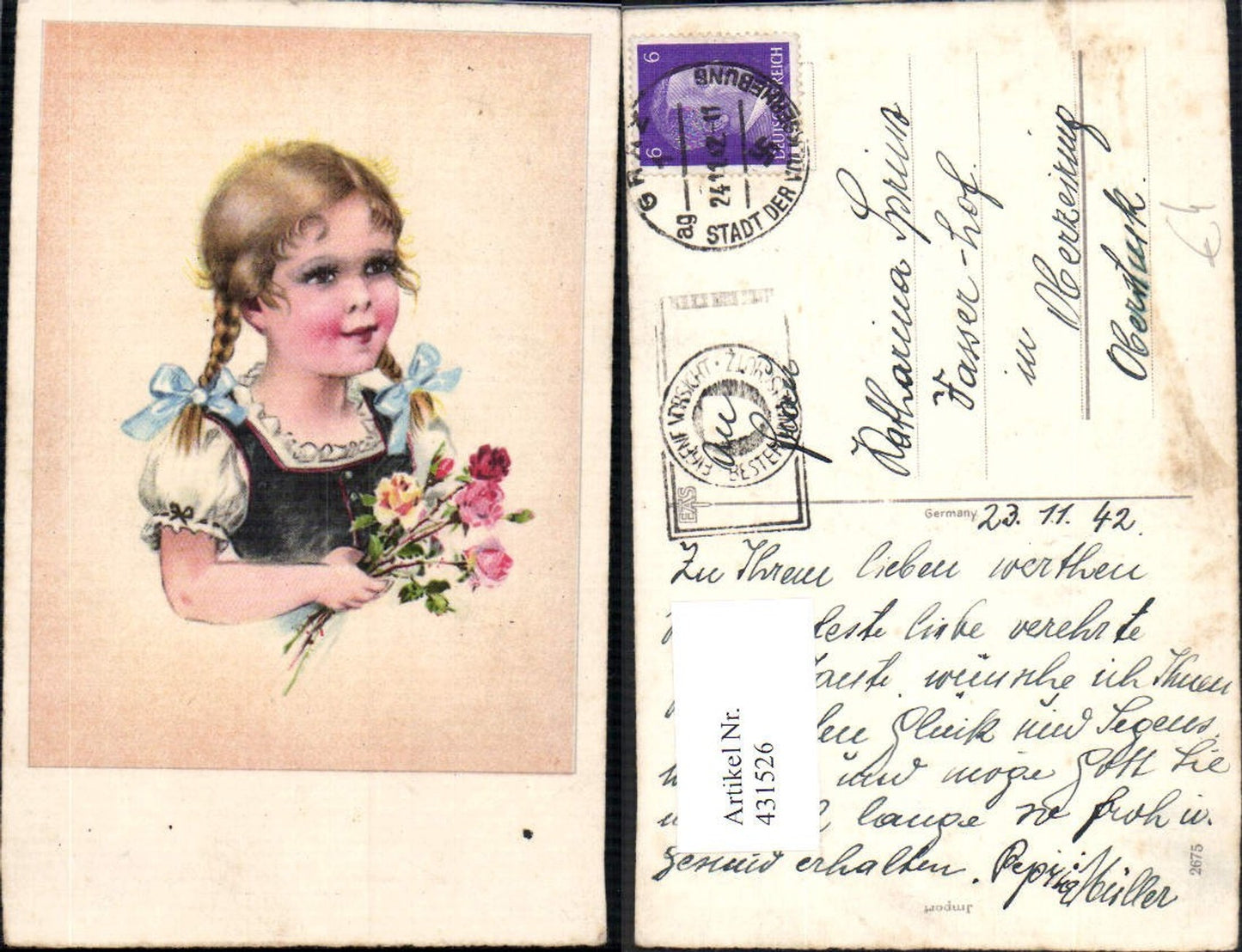 431526,Künstler Ak Kind Mädchen Zöpfe Portrait m. Blumen Blumenstrauß