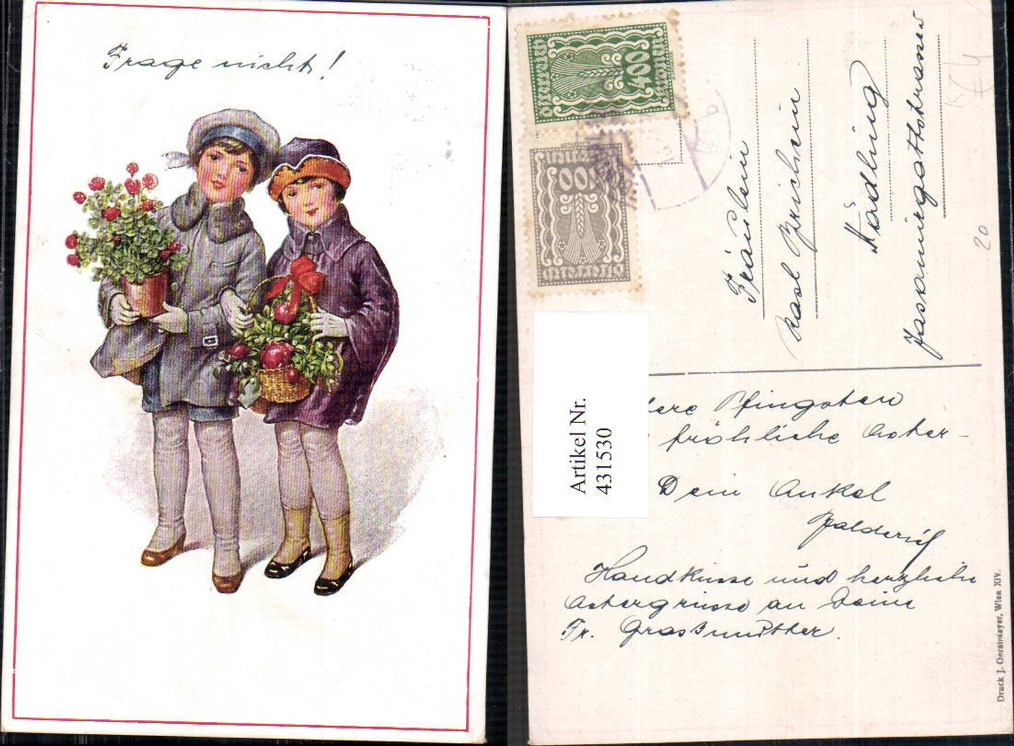 431530,Künstler Ak Kinder Mädchen Mantel Hut Blumen Rosentopf Korb