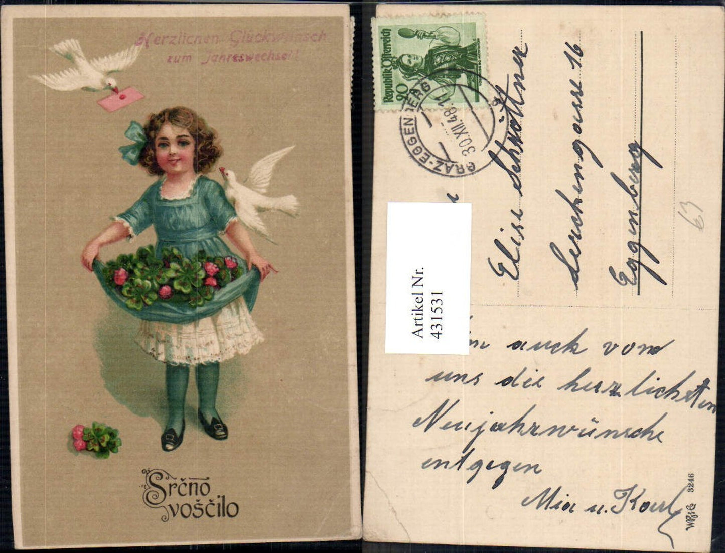 431531,Künstler Ak Kind Mädchen Klee i. Schürze Tauben Brieftauben Srcno voscilo Neujahr