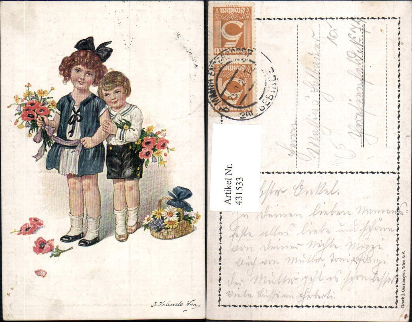 431533,Künstler Ak J. Kränzle Kinder Uniform Matrosenanzug Haarschleife Blumen Korb Strauß